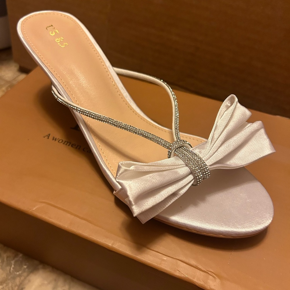 NEW Perphy Rhinestone and White Satin Bow Heels